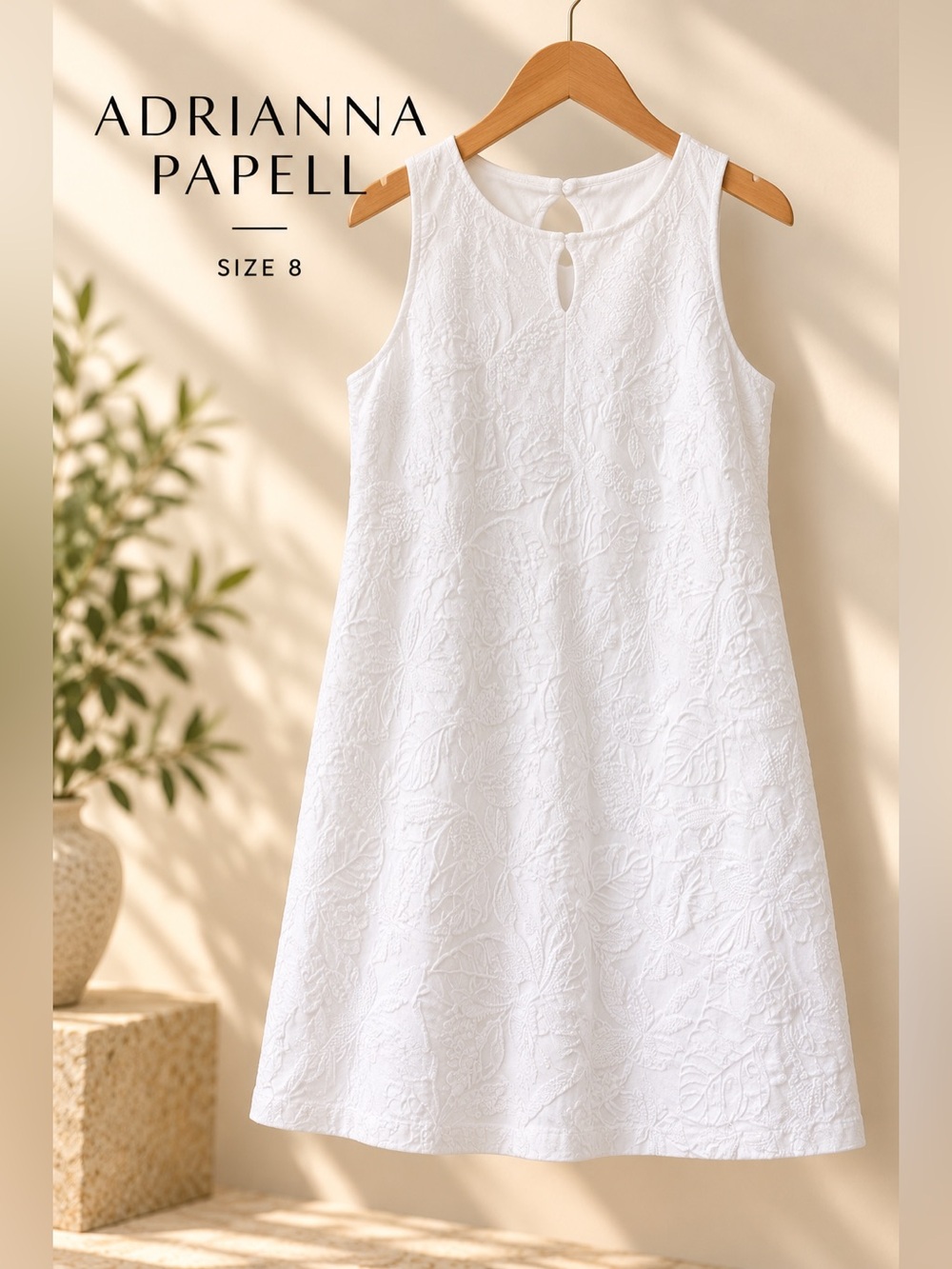 Adrianna Papell White Embroidered Sleeveless Shift Dress Size 8